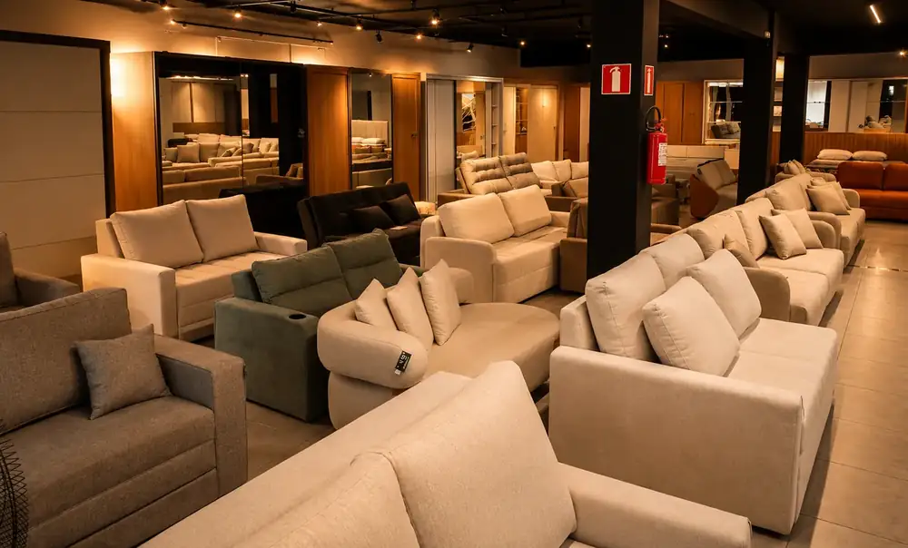 Sofás e ambientes de estar no showroom Attraktiva
