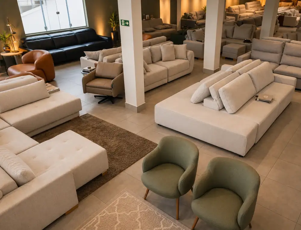 Showroom Attraktiva com sofás e poltronas em diferentes composições