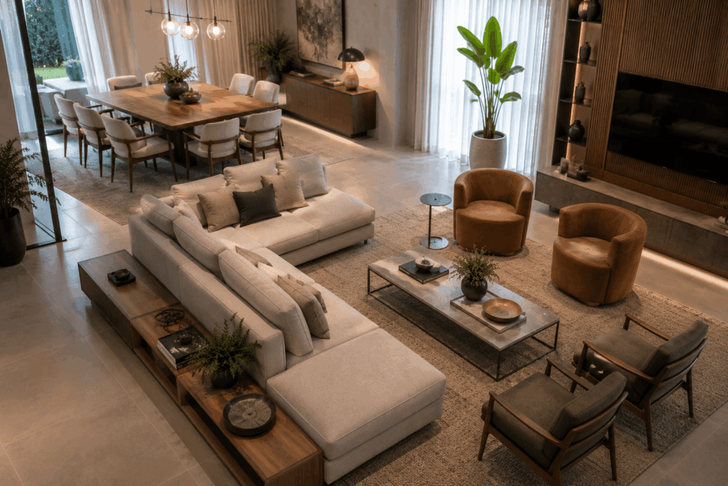 Como combinar sofá, mesa e cadeiras na sala de estar