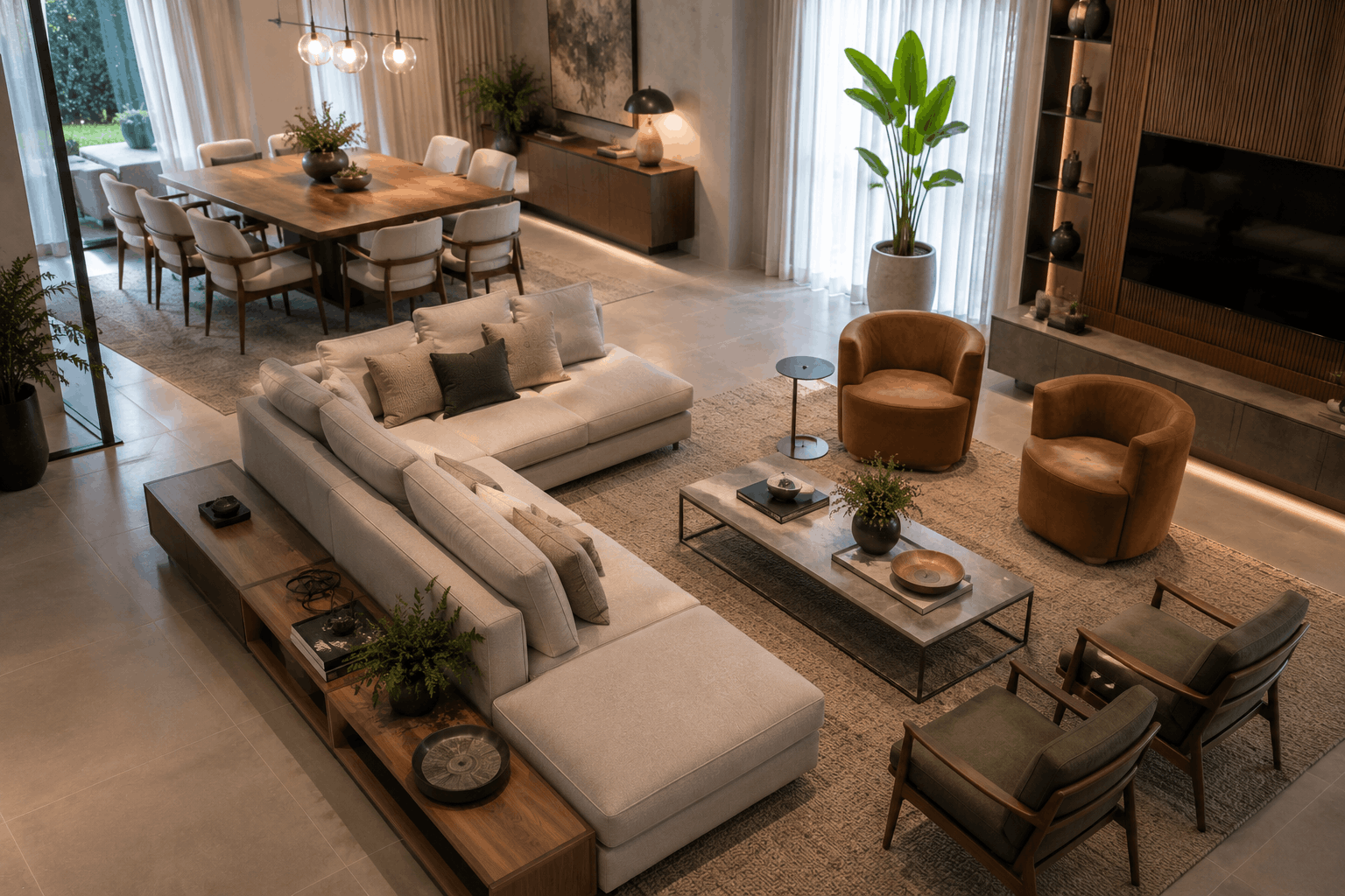 Como combinar sofá, mesa e cadeiras na sala de estar